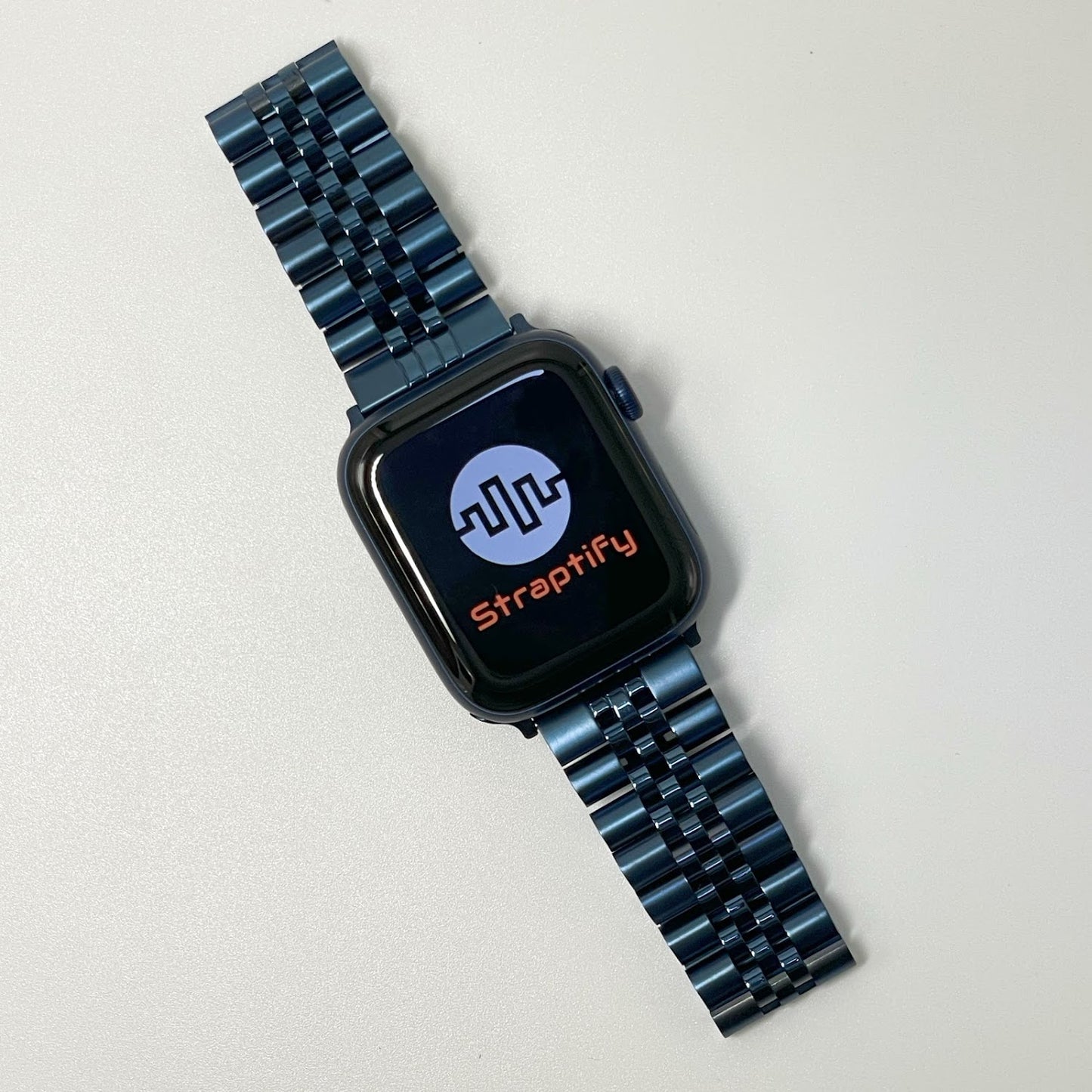 Five-beaded stainless steel solid strap - blue 五珠不銹鋼實心錶帶 - 藍色
