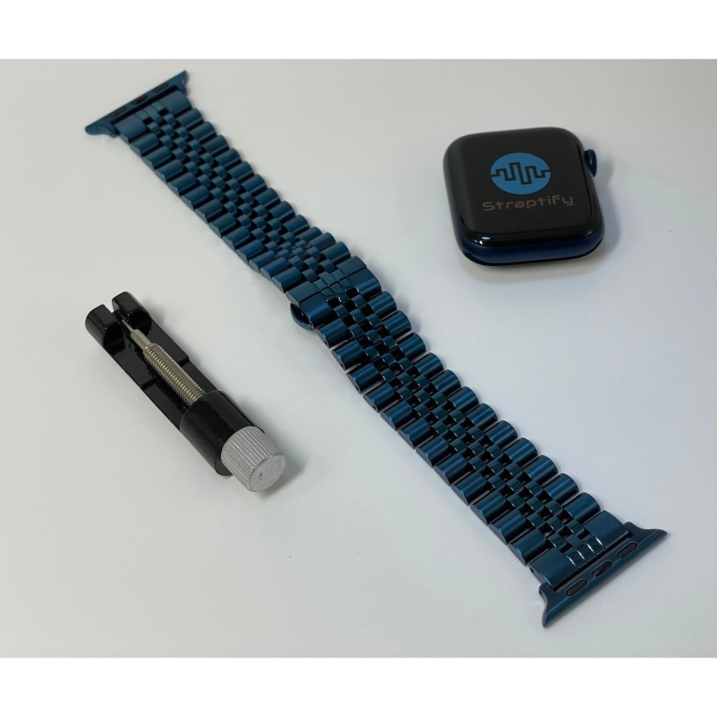 Five-beaded stainless steel solid strap - blue 五珠不銹鋼實心錶帶 - 藍色