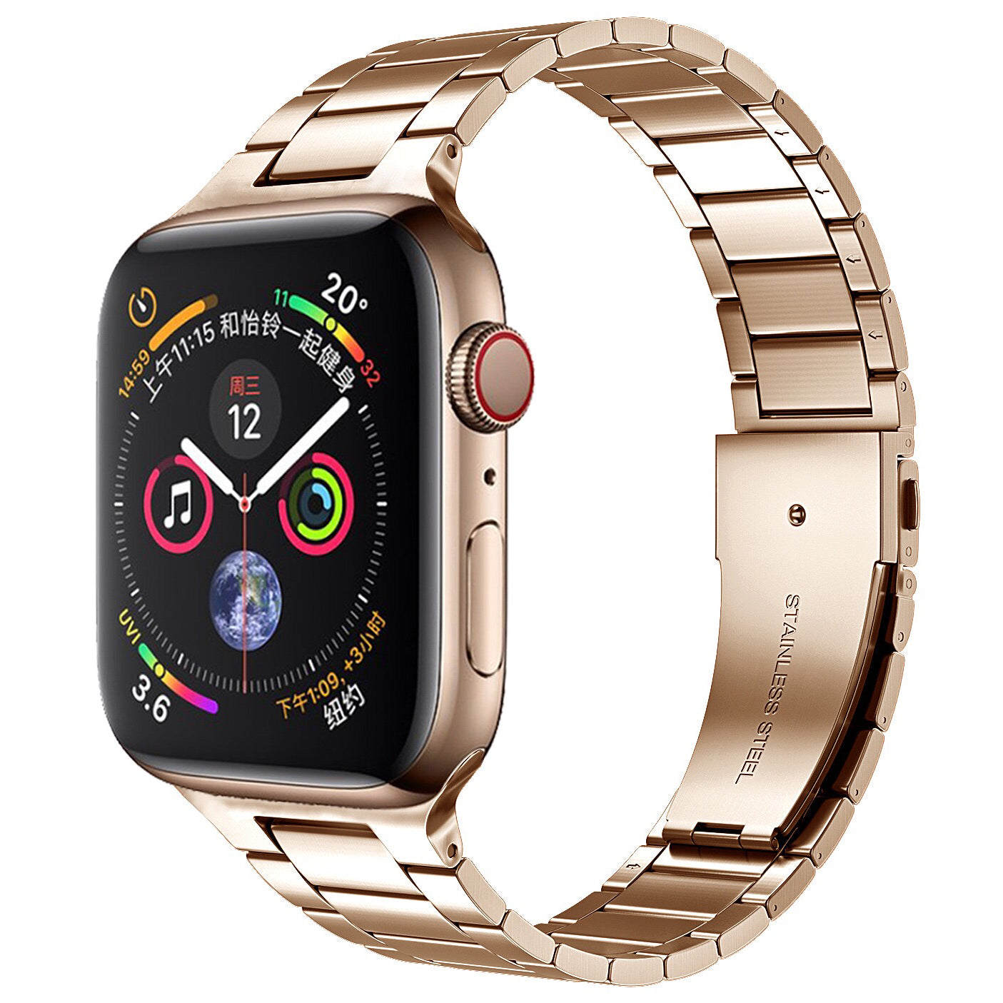 Three-beaded stainless steel solid strap - rose gold 三珠不銹鋼實心錶帶 - 玫瑰色